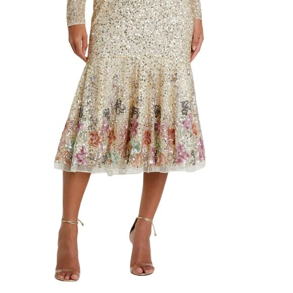 Mac Duggal Gold Multicolor Faux Wrap Long Sleeve Tea Length Dress Women’s Sz 12 - Picture 3 of 8